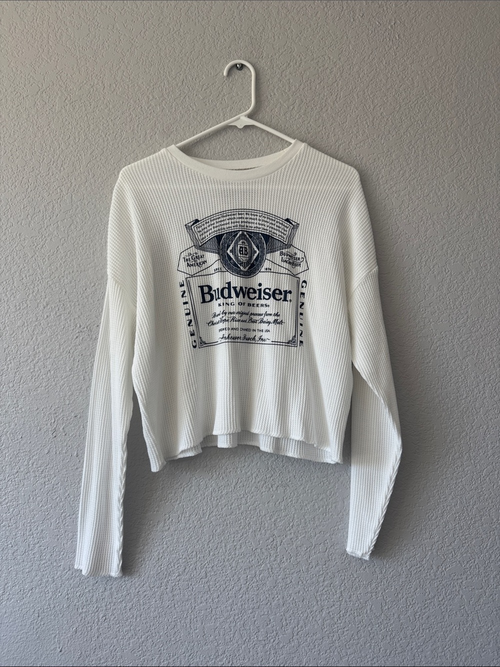 Budweiser White Waffle-Knit Navy Logo Long Sleeve Cropped Tee